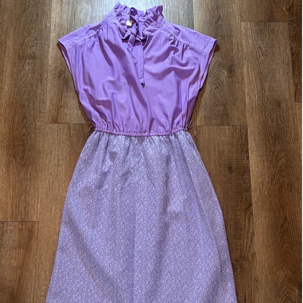 Vintage 70s Purple Secretary Dress Cottagecore Ruffle Neck Midi Size 8